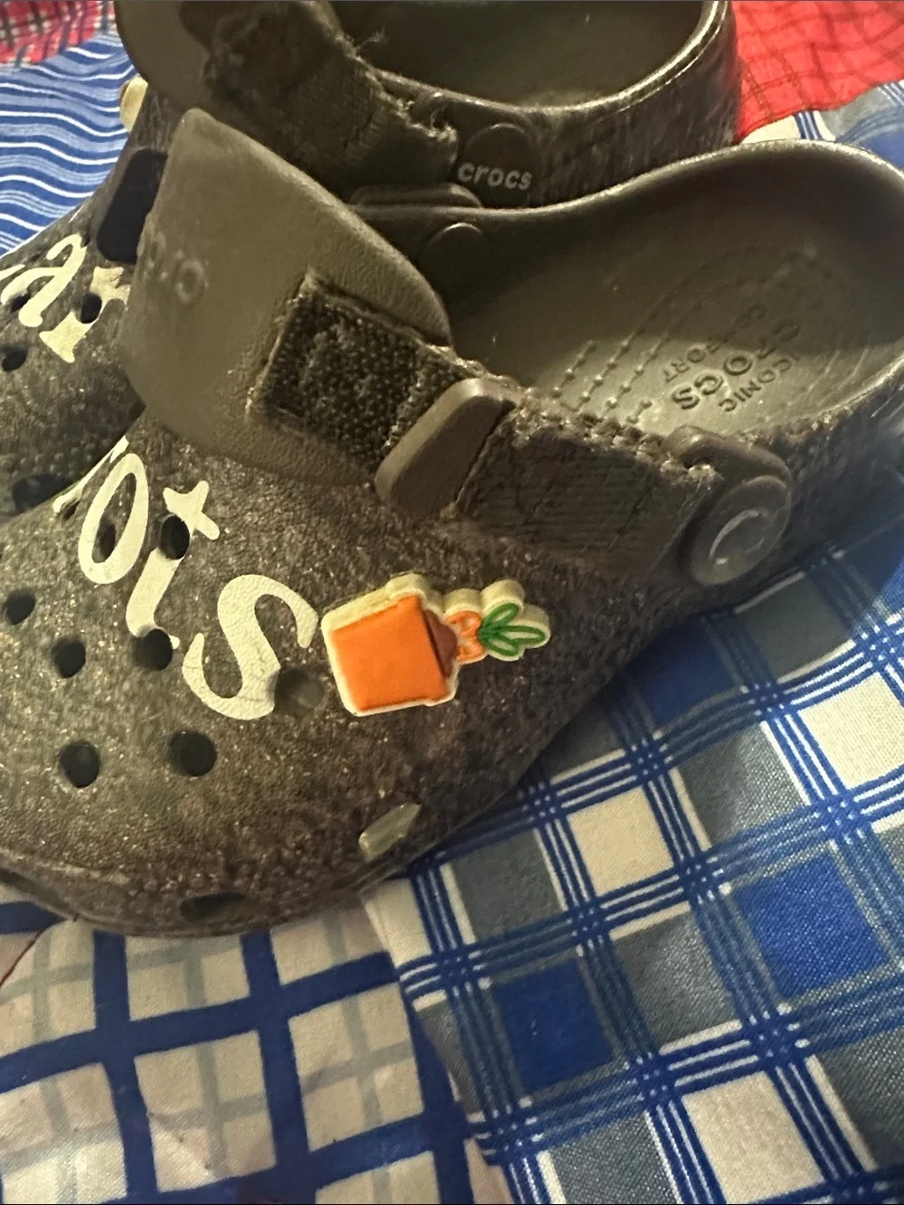CROCS Kids Brown and Gray Felt Clogs with Playful Lettering